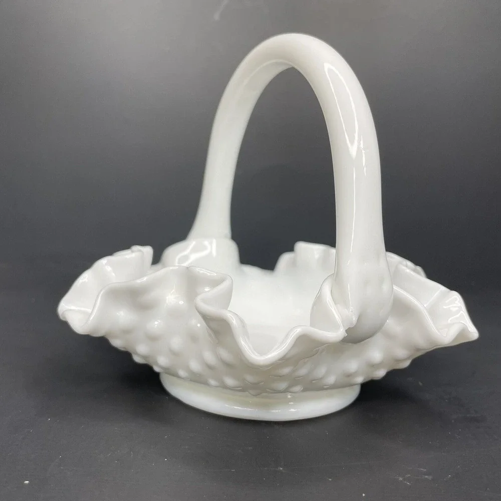 Vintage Fenton‎ Ruffle Hobnail White Milk Glass Basket With Applied Handle